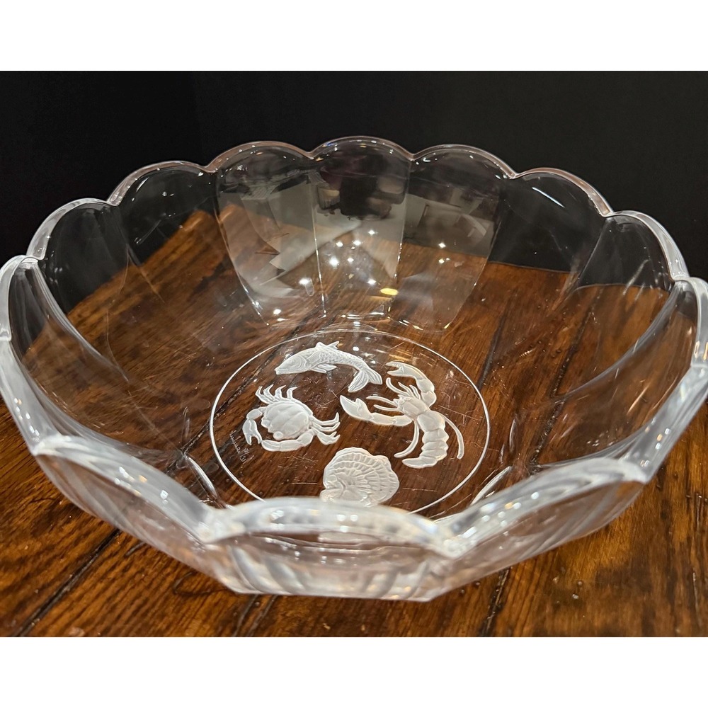 Signed Val‎ Saint Lambert Crystal Bowl Sea Life Intaglio Scalloped 10"